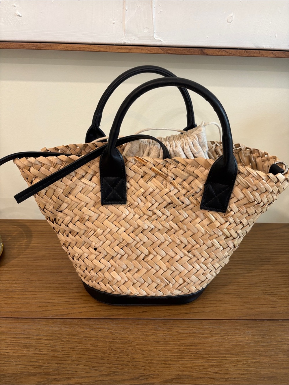Mango Natural Straw Tote with Black Leather Trim